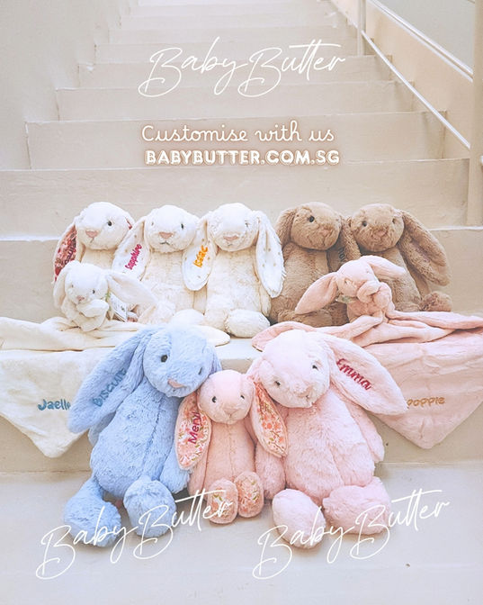 Personalised Jellycat bunnies with embroidered names at Baby Butter Singapore