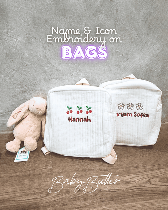 Childcare bags with name and icon embroidery