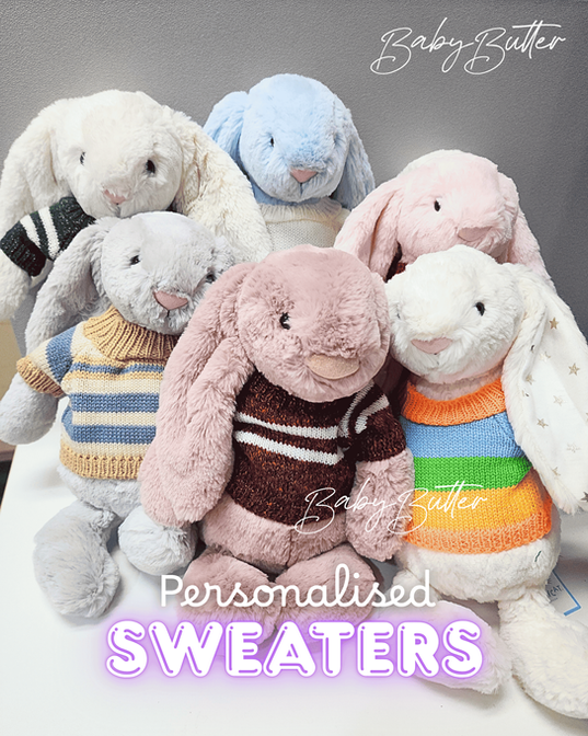 Jellycat bunnies in hand-knitted personalised sweaters