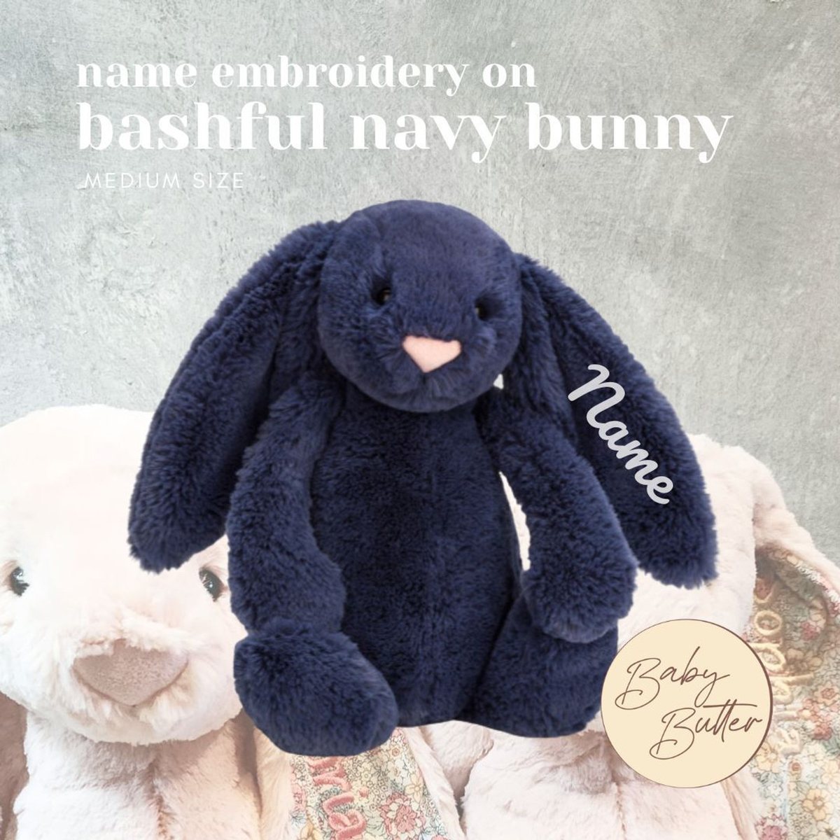 Bashful Navy Bunny (Medium, 31cm) - Personalised Jellycat Bunny Soft Toy - Jellycat UK