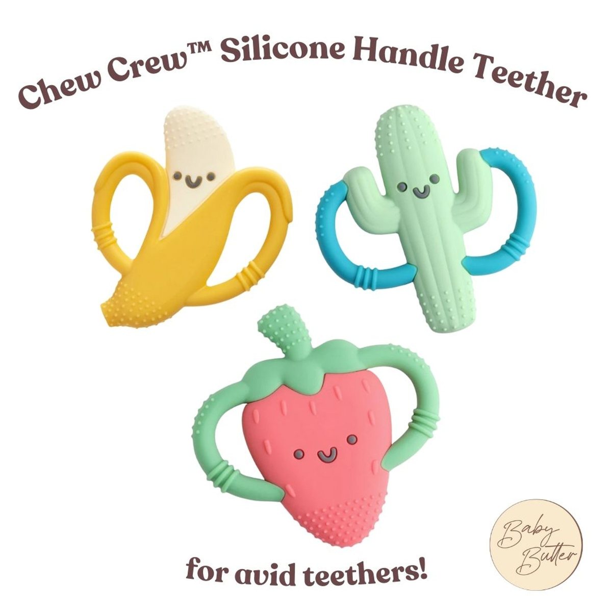 Chew Crew Silicone Handle Teether Banana, Strawberry, Cactus - Itzy Ritzy