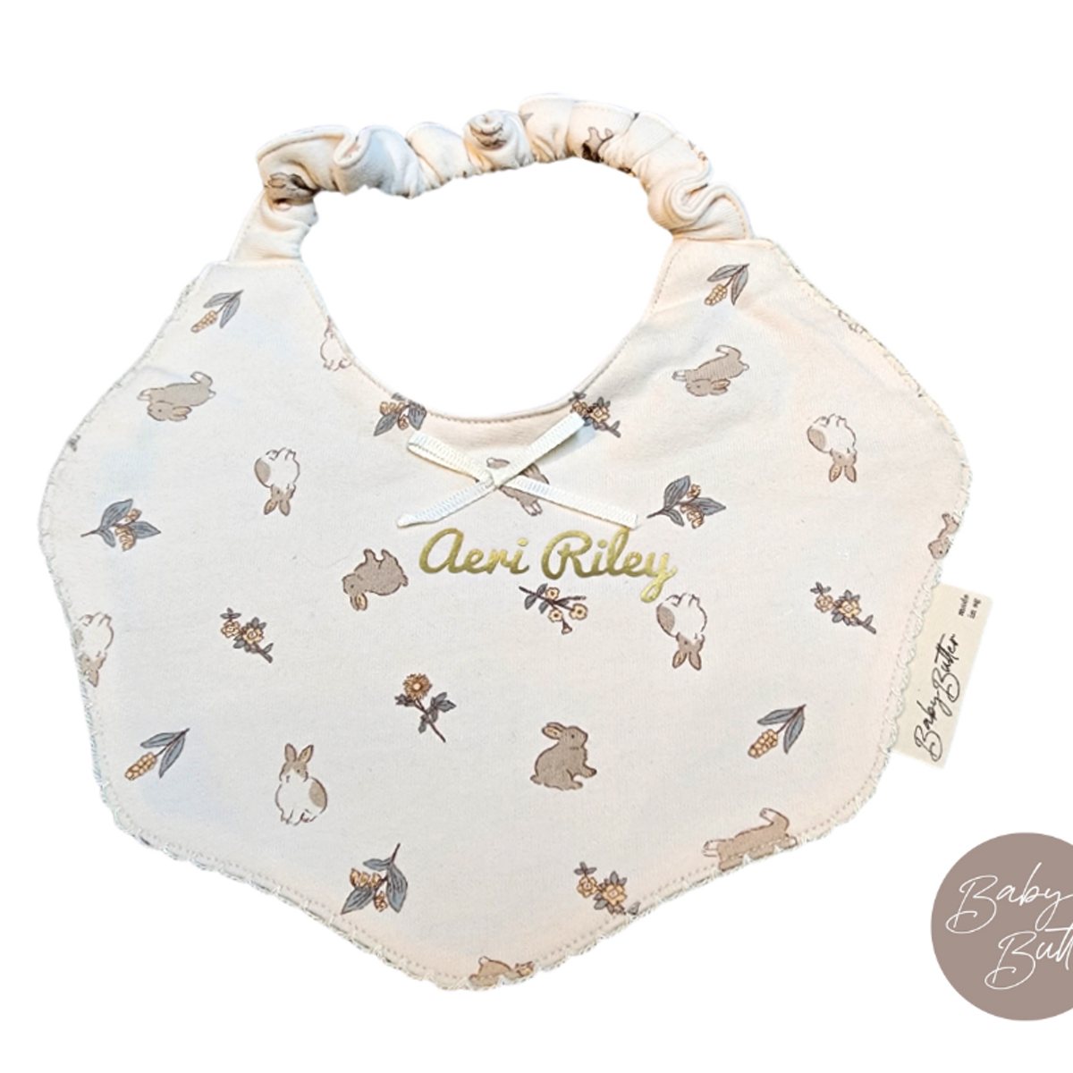 Soft-touch Cotton Bibs + Baby Name (Bunny Fields) - Baby Butter